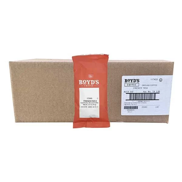 Boyd's Coffee Ground Coffee, French No. 6, Dark Roast , 2.5-Ounce Portion Packs (Pack Of 50) 1 Boyd's Coffee Ground Coffee, French No. 6, Dark Roast , 2.5-Ounce Portion Packs (Pack Of 50)